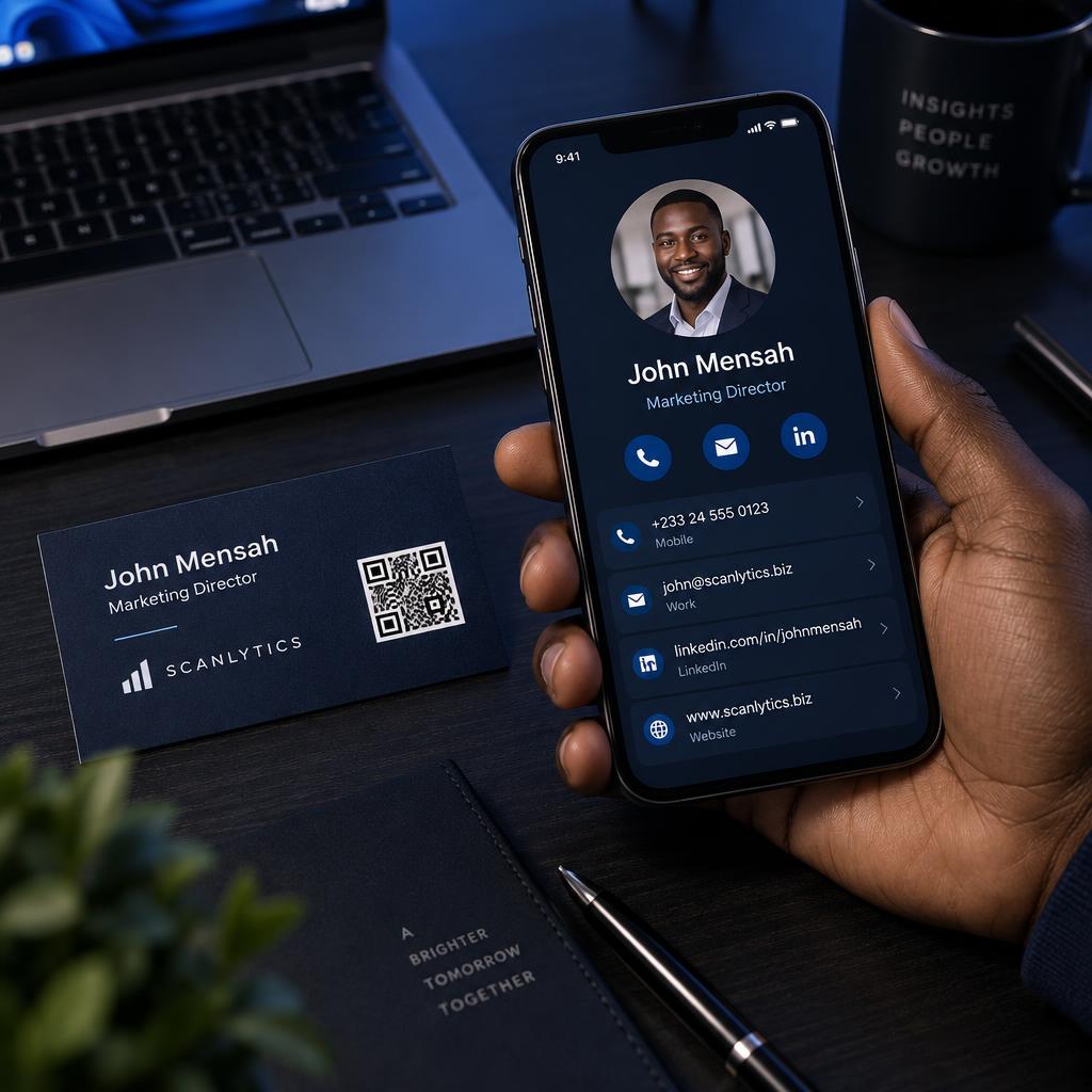 Phone scanning a business card QR code and showing the contact profile