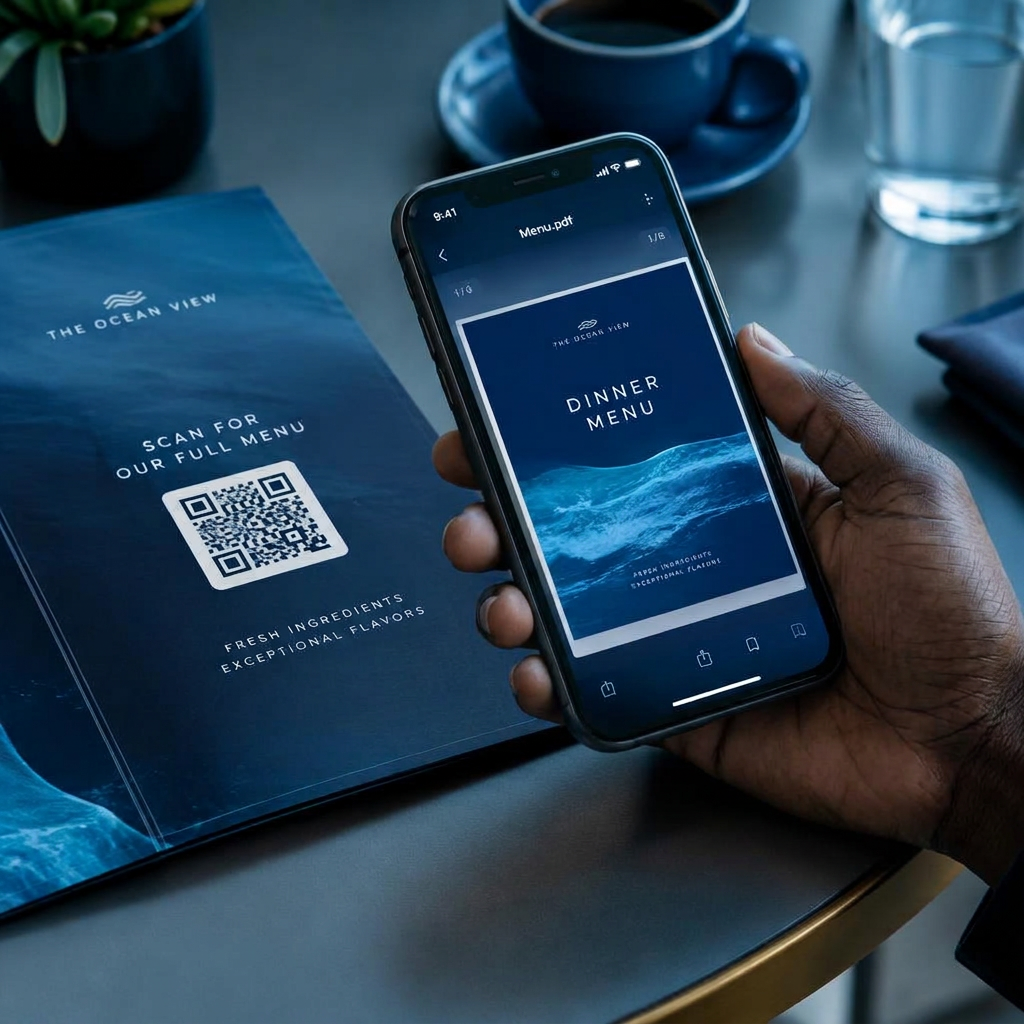 Phone scanning a menu QR code and opening the document