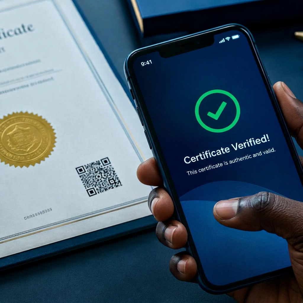 Phone scanning a certificate QR code showing it is verified